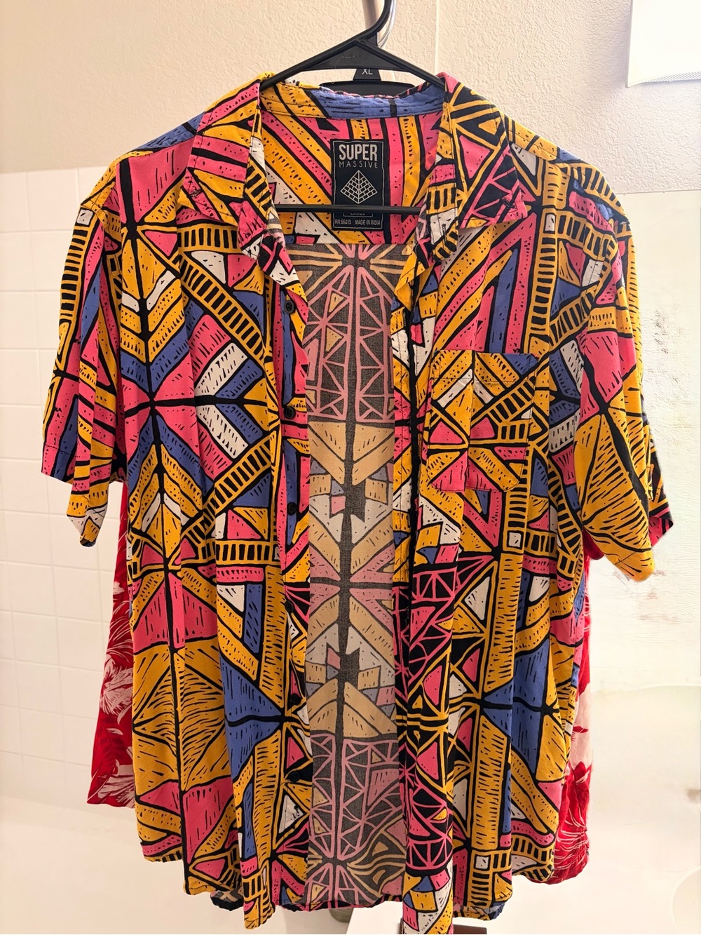 Super Massive Yellow & Pink Geometric Short Sleeve Button-Down Shirt